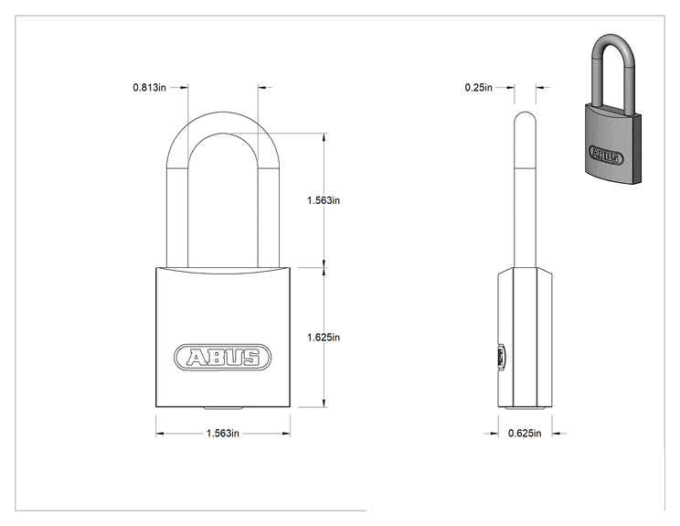Teknik Çizim - Ekstra Boşluklu Asma Kilit, Abus Kilit 64Ti/40HB40, 1-1/2" Dikey Mapa Açıklığı