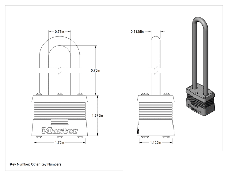 Teknik Çizim - Lamine Çelik Gövdeli Asma Kilit, Master Lock 1 Aynı Anahtarlı, 5-3/4" Dikey Boşluklu