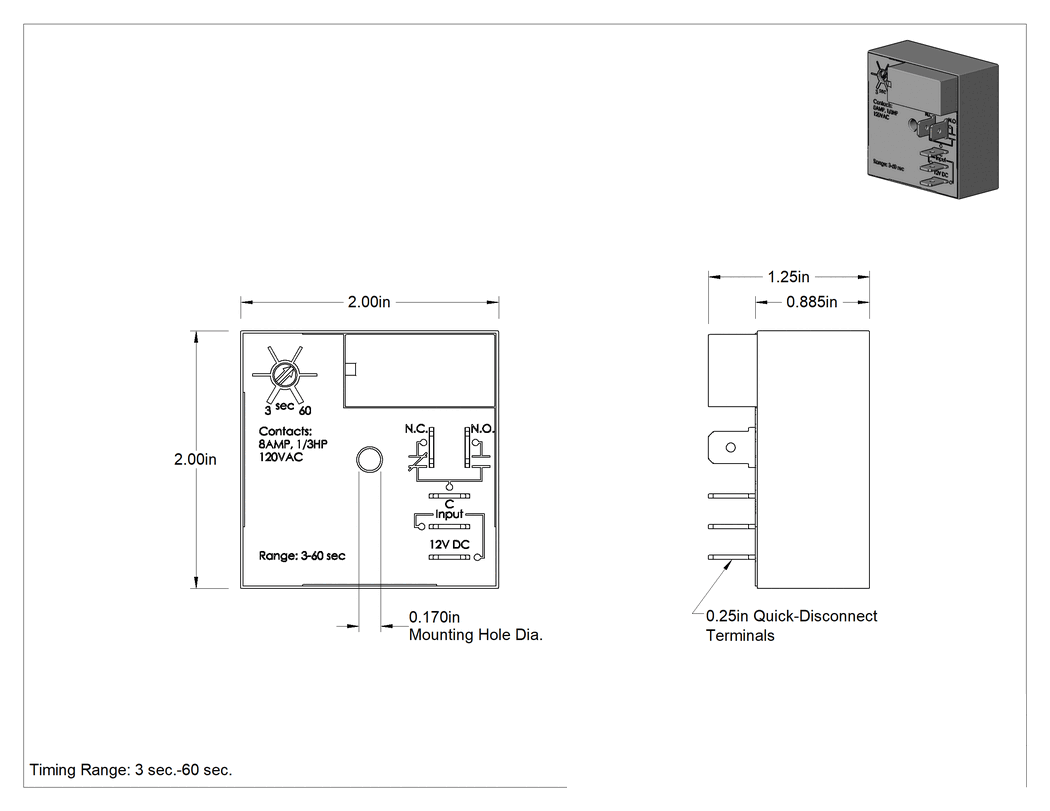 Teknik Çizim - Katı Hal Yüzey Montajlı Zamanlayıcı Röle, 12 V DC Giriş, 3-60 Saniye