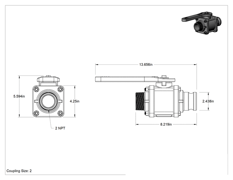Teknik Çizim - Kolay Bakım Kimyasallar için Açma/Kapama Vanası, 2 NPT Erkek x 2 Kam ve Yivli Tapa, 150 PSI @ 70°F