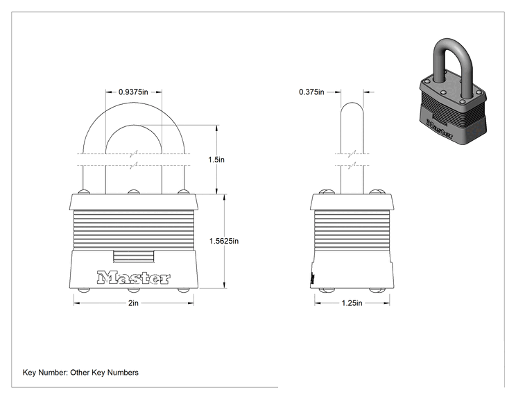 Teknik Çizim - Lamine Çelik Gövdeli Asma Kilit, Master Lock 5 Aynı Anahtarlı, 1-1/2" Dikey Boşluklu