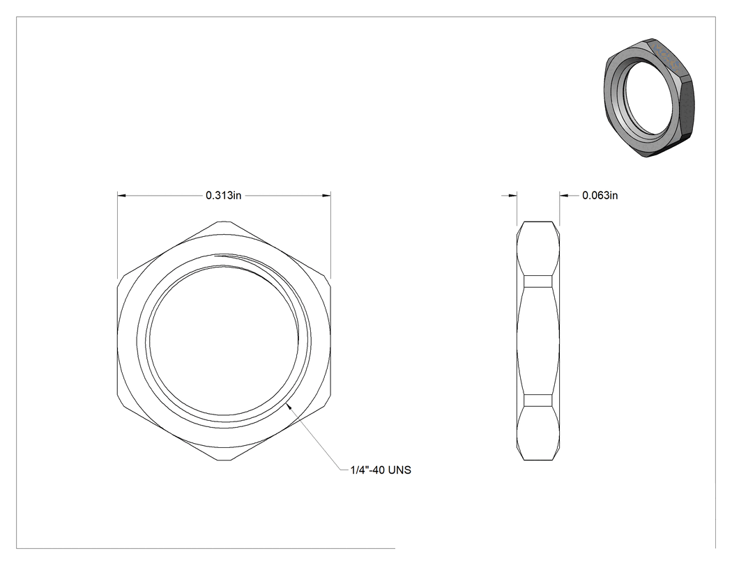 Teknik Çizim - Altıgen Panel Somunu, 18-8 Paslanmaz Çelik, 1/4"-40 UNS, 1/16" Yükseklik