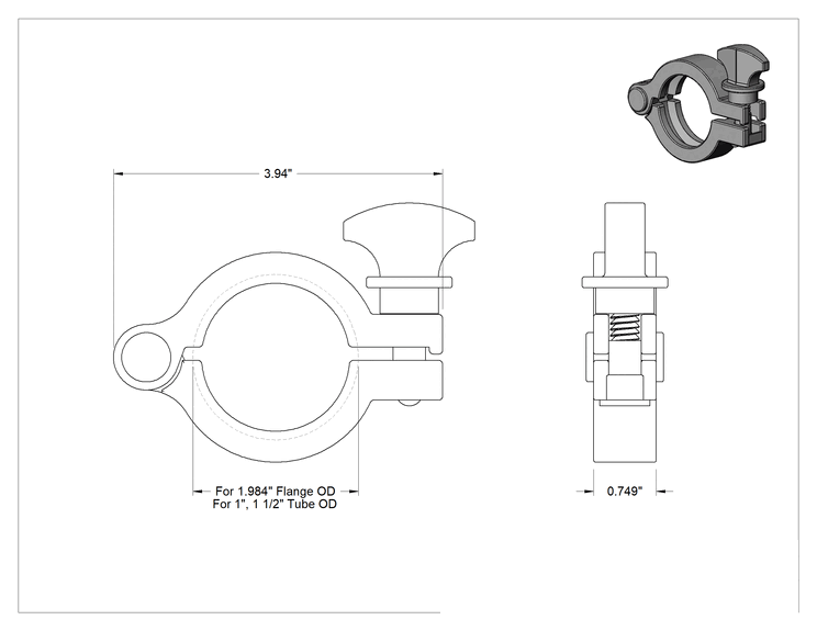 Teknik Çizim - 1" ila 1-1/2" Boru Dış Çapı için Kanat Somunlu Naylon Kelepçe Yüksek Parlaklıkta Hızlı Kelepçeli Hijyenik Boru Bağlantı Parçası