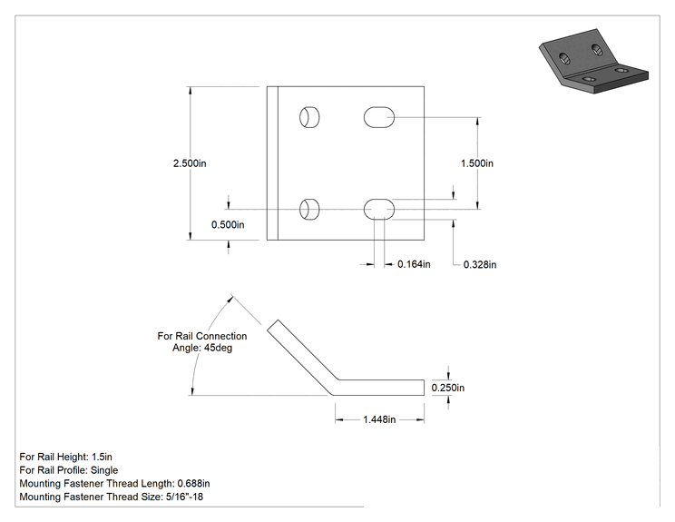Teknik Çizim - T-Yivli Çerçeve Yapısal Braket, 1.5 inç Ray için Yivli 45 Derece Köşe Braketi, 1.44 inç Uzunluk