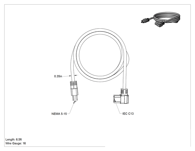 Teknik Çizim - Elektronik Ekipman Güç Kablosu, NEMA 5-15 Fiş x 90 Derece Dirsek IEC C13 Priz, 6.5' Uzunluk