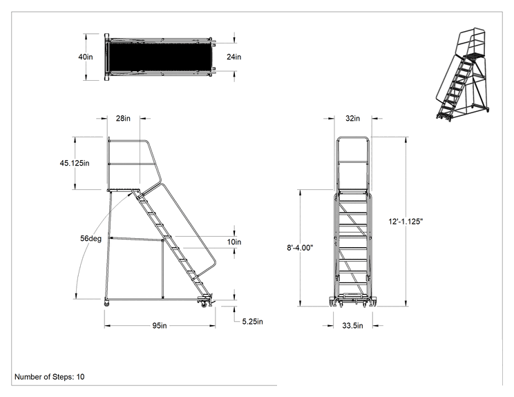 Teknik Çizim - Montajlanmamış Tırtıklı Platformlu Tekerlekli Merdiven, 10 Kademeli, 8'4" Yükseklik x 28" Derinlikli Platform, 12'1" Toplam Yükseklik