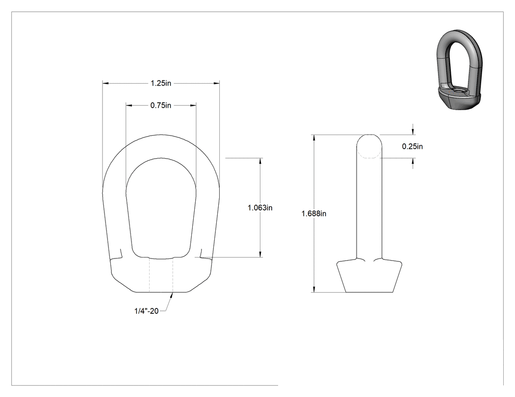 Teknik Çizim - Galvanizli Çelik Halka Somun - Kaldırma için, 1/4"-20 Diş Boyutu