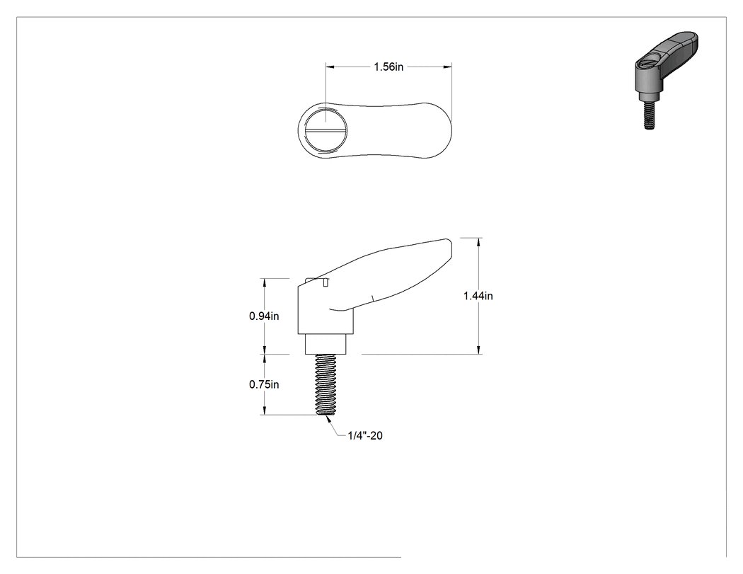 Teknik Çizim - Rahat Tutuşlu Naylon Ayarlanabilir Tutamak, 1/4"-20 Dişli 3/4" Uzunlukta Saplama