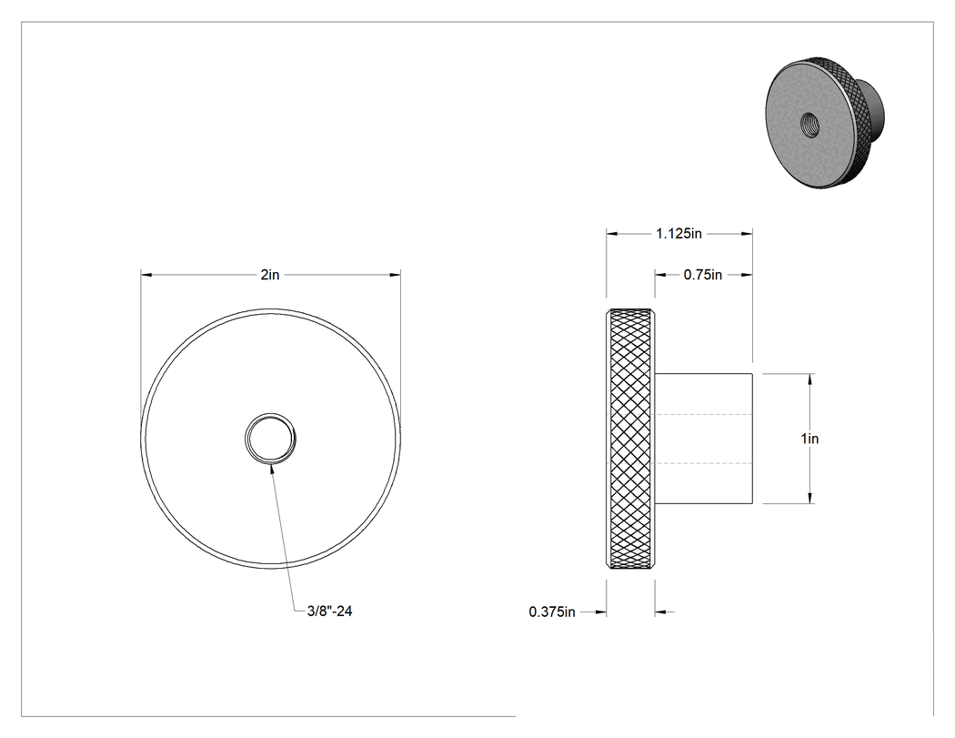 Teknik Çizim - 303 Paslanmaz Çelik Tırtıllı Düğme, 3/8"-24 Dişli Delikli, 2 inç Çapında Başlık