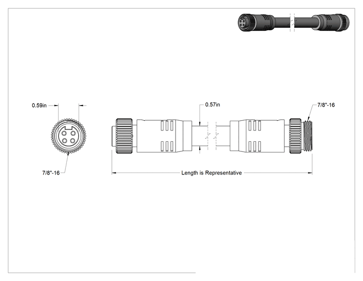 Teknik Çizim - M22 Güç Kablosu, 4 Kutuplu Fiş x 4 Kutuplu Soket, 3 Fit Uzunluk