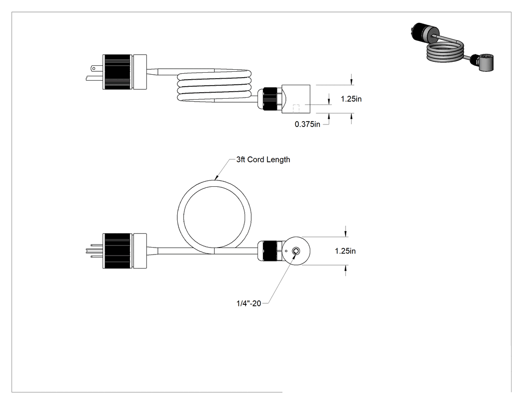 Teknik Çizim - Fişli Elektromıknatıs, 120V AC, 2.8W, 1-1/4" Dış Çap