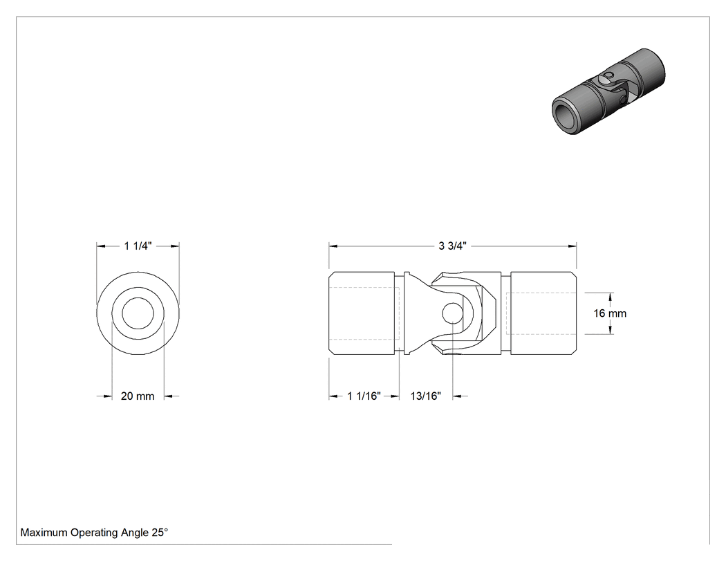 Teknik Çizim - Tek U-Mafsal, Pim ve Blok, 16 mm x 20 mm Çap x 1-1/16" Derinlikli Mil