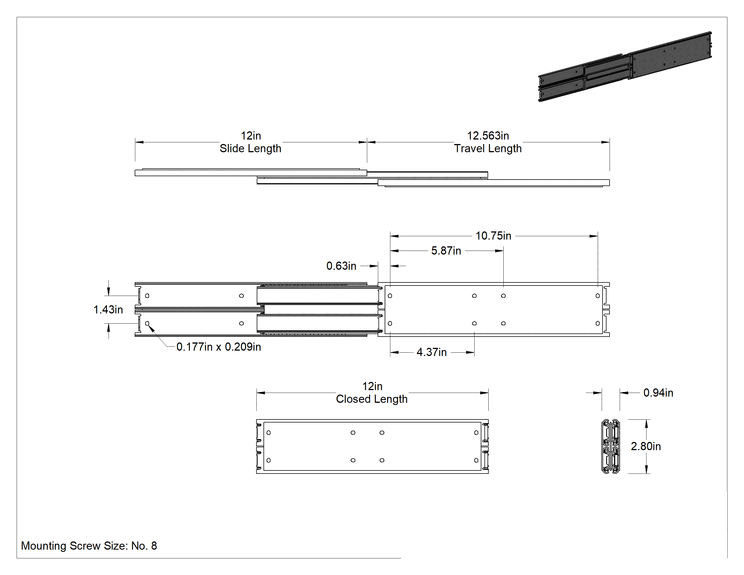 Teknik Çizim - 304 Paslanmaz Çelik Çekmece Kılavuzları, Çekmece Açma Mekanizması olmadan, 12" Kapalı Uzunluk, 595 lb. Kapasite