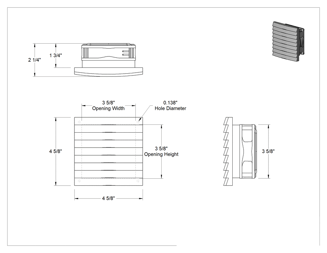 Teknik Çizim - Muhafaza Soğutma Fanı, 24V DC, 4-5/8" Yükseklik x 4-5/8" Genişlik x 1-3/4" Derinlik