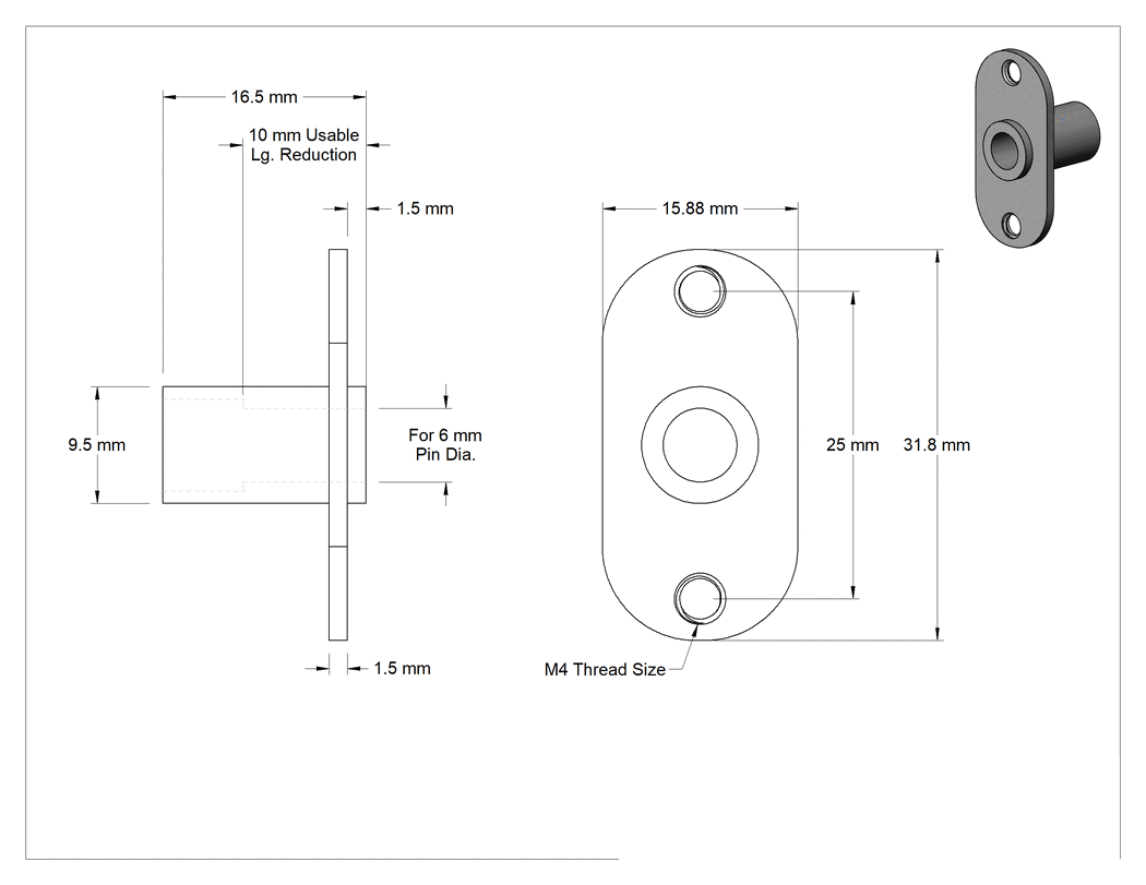 Teknik Çizim - Hızlı Açma Pim Yuvası, Oval Yüzeye Monte Flanş, 6 mm Pim Çapı için