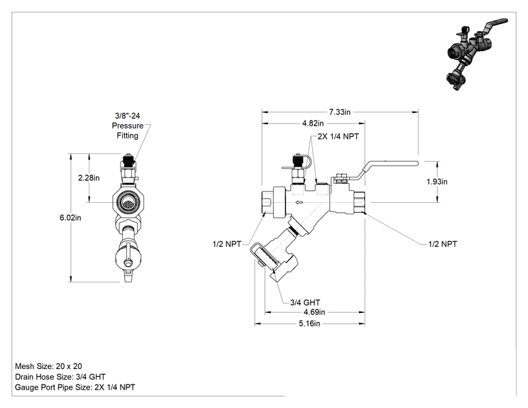 Teknik Çizim - Gösterge Portu ve Süzgeci Olan Dişli Açma/Kapama Vanası, 1/2 NPT Dişi x 1/2 NPT Dişi Rakor