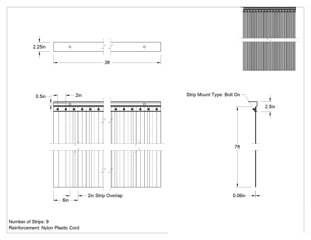 Teknik Çizim - Düşük Sıcaklık Şerit Kapı, Cıvatalı, 3 Fit Genişlik x 7 Fit Yükseklik, 6 inç Genişliğinde Şeritler