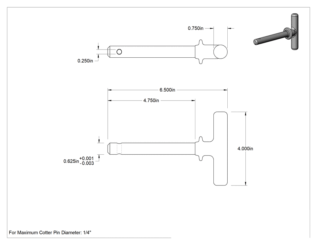 Teknik Çizim - T-Kollu Çatal Pim, 5/8" Çap, 4" Kullanılabilir Uzunluk
