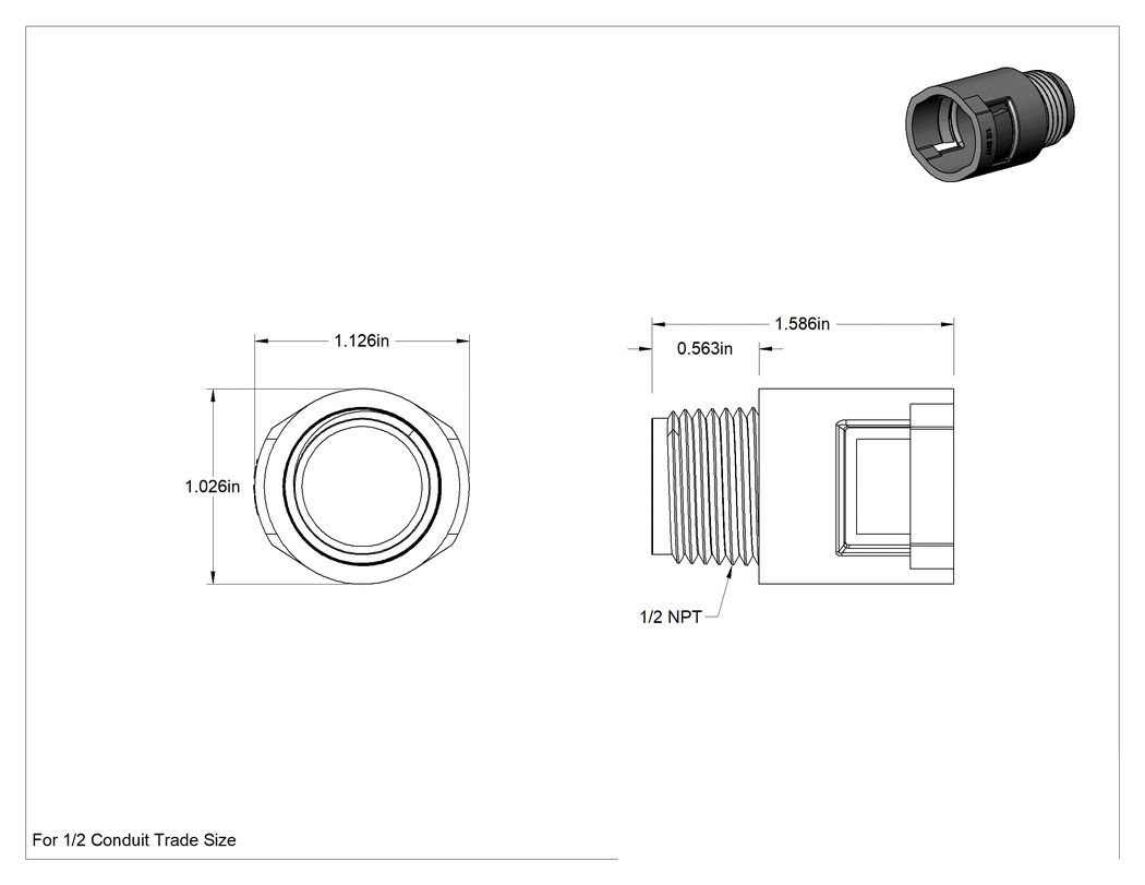Teknik Çizim - Esnek Plastik Kanal için 1/2 Kanal Dişi x 1/2 NPT Erkek Adaptör