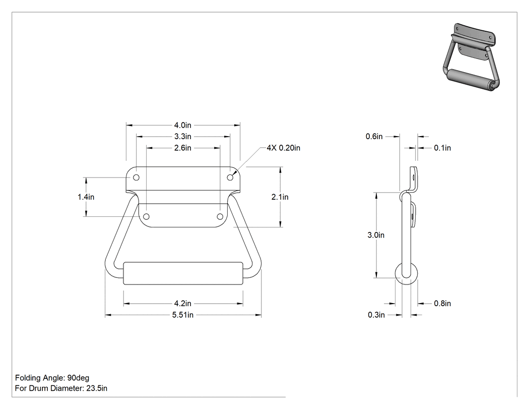 Teknik Çizim - Montaj Plakalı Kavisli Katlanır Çekme Kolu, Dişsiz Delik, Çinko Kaplı Çelik, 5/8" Çıkıntı