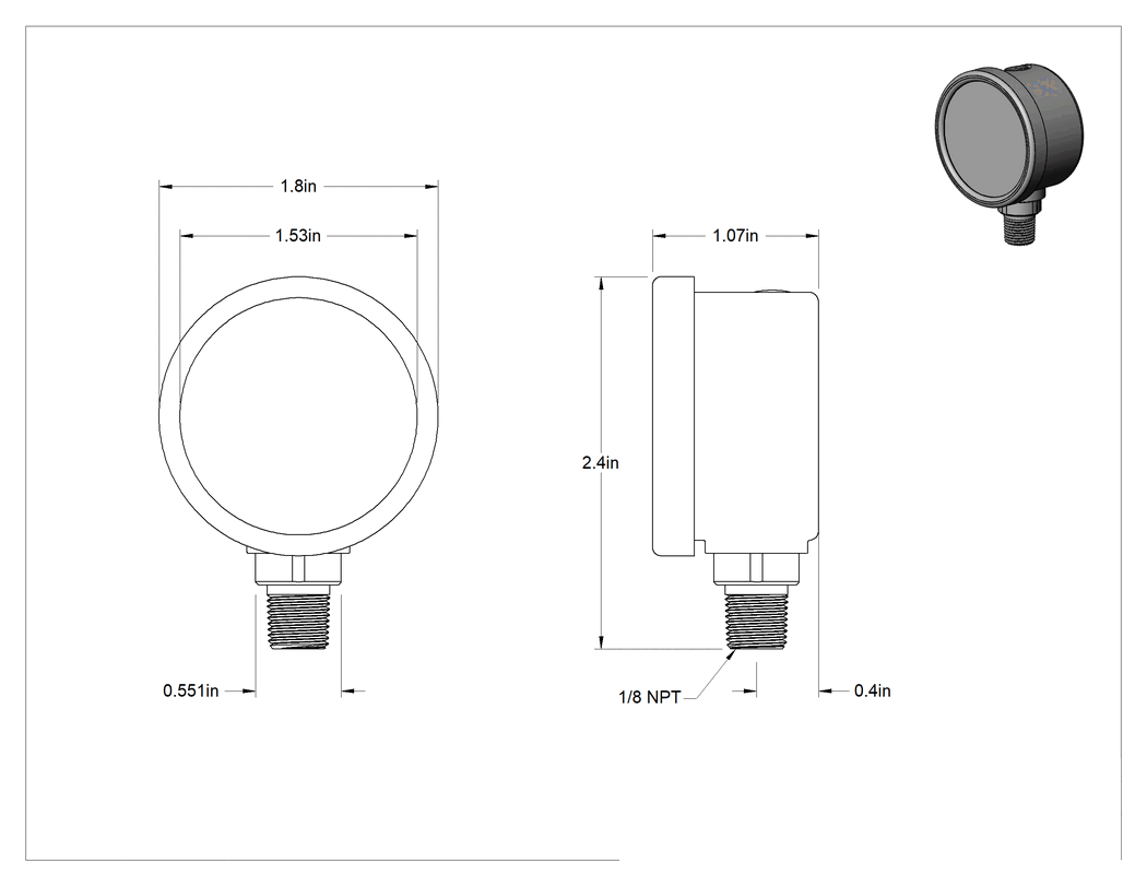 Teknik Çizim - Paslanma ve Aşınmaya Dayanıklı Ölçer, Vakum, 1-1/2" Kadran Çapı, 1/8 NPT Alt Bağlantı