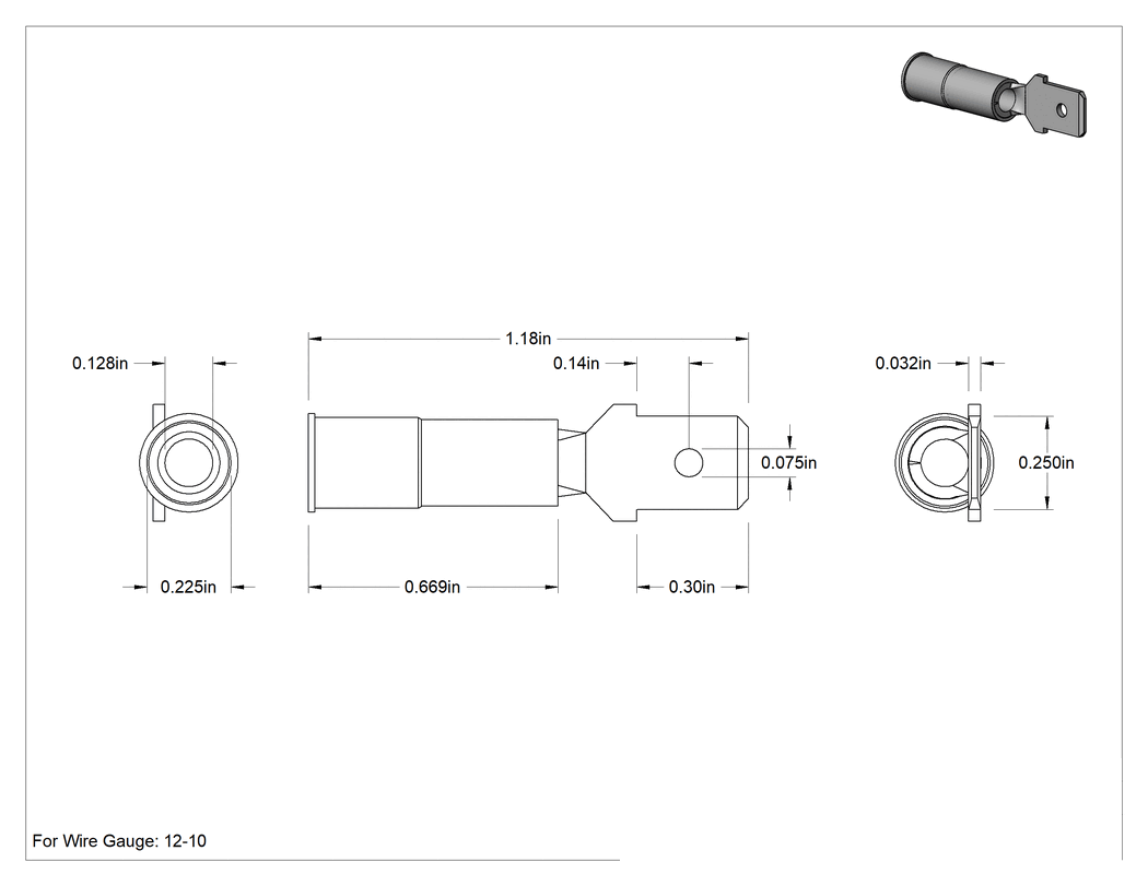 Teknik Çizim - Manşon Yalıtımlı Faston Terminaller, Çift Sıkma, Erkek, 12-10 AWG için, 0.250 inç x 0.032 inç Tırnak