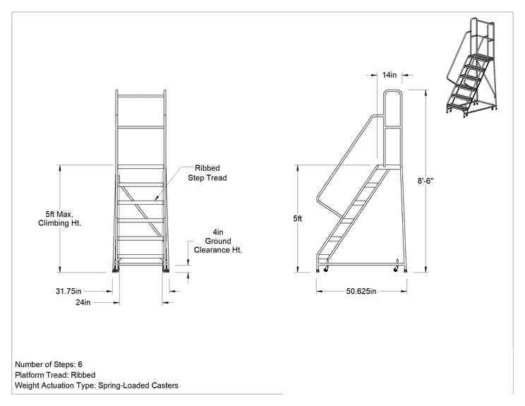 Teknik Çizim - Hafif Alüminyum Tekerlekli Platform Merdiveni, Yivli Basamaklar, 8'6" Yükseklik x 32" Genişlik x 51" Toplam Derinlik