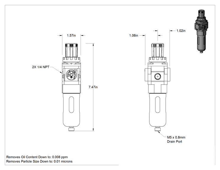 Teknik Çizim - SMC Modüler Basınçlı Hava Filtresi/Regülatörü, Yağ Giderme için, Seri Awd20-D, 1/4 NPT Dişi