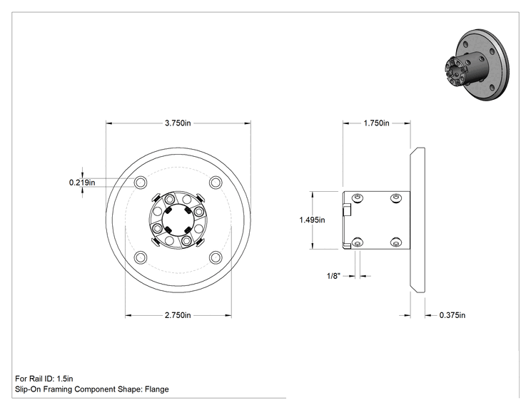 Teknik Çizim - 1-1/2" Ray İç Çapı Karbon Fiber Kaydırmalı Çerçeveleme için Ray Ucu