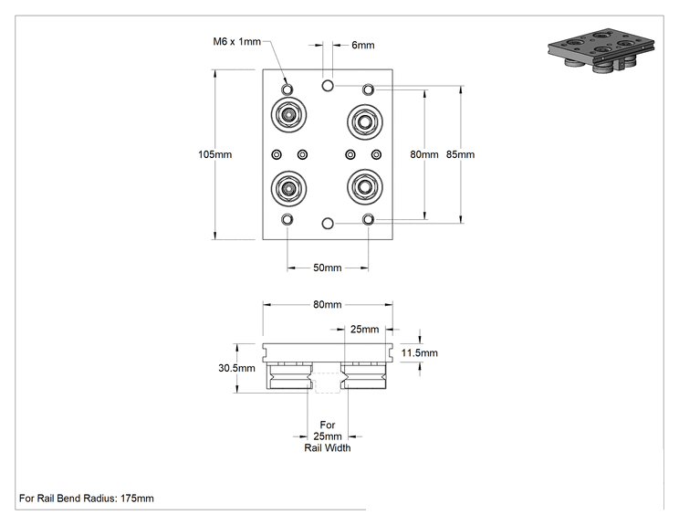 Teknik Çizim - Eğriler için Raylı Makaralı Taşıyıcı, 175 mm Ray Bükülme Yarıçapı için