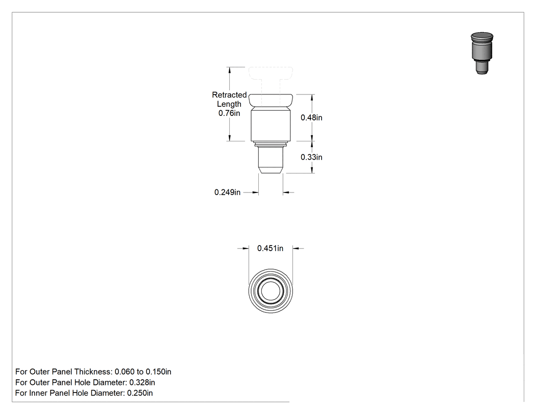 Teknik Çizim - Paneller için Geri Çekilebilir Yaylı İtici, Presle Takma, 0.06" ila 0.15" kalınlığında dış panel için