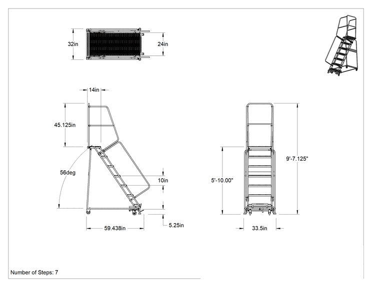 Teknik Çizim - Montajlanmamış Tırtıklı Platformlu Tekerlekli Merdiven, 7 Kademeli, 5'10" Yükseklik x 14" Derinlikte Platform, 9'7" Toplam Yükseklik