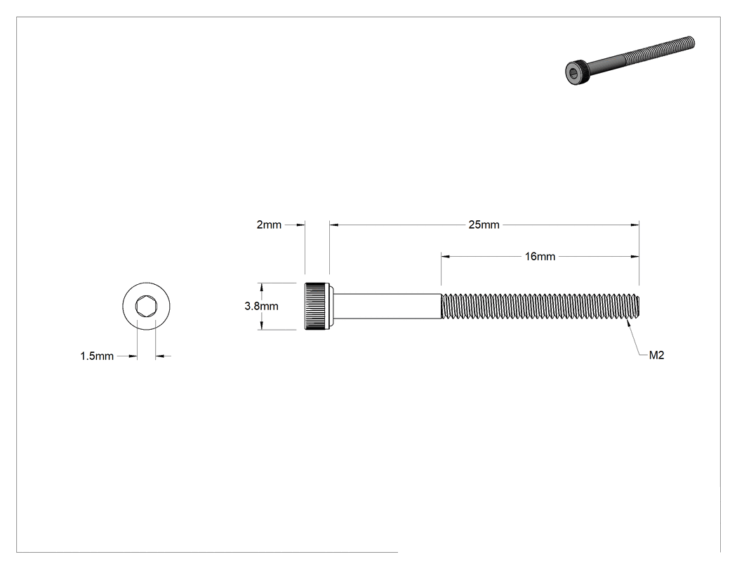 Teknik Çizim - 18-8 Paslanmaz Çelik Sızdırmaz Alyan Başlı Vida, Viton® O-Ringli, M2 x 0.4 mm Diş Boyutu, 25 mm Uzunluk