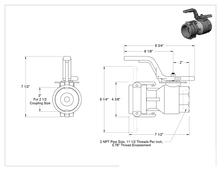 Teknik Çizim - Kam ve Yivli Hortum Bağlantısı, Hava ve Su için, Boyut 2-1/2, Alüminyum Soket, 2 NPT Dişi Uç