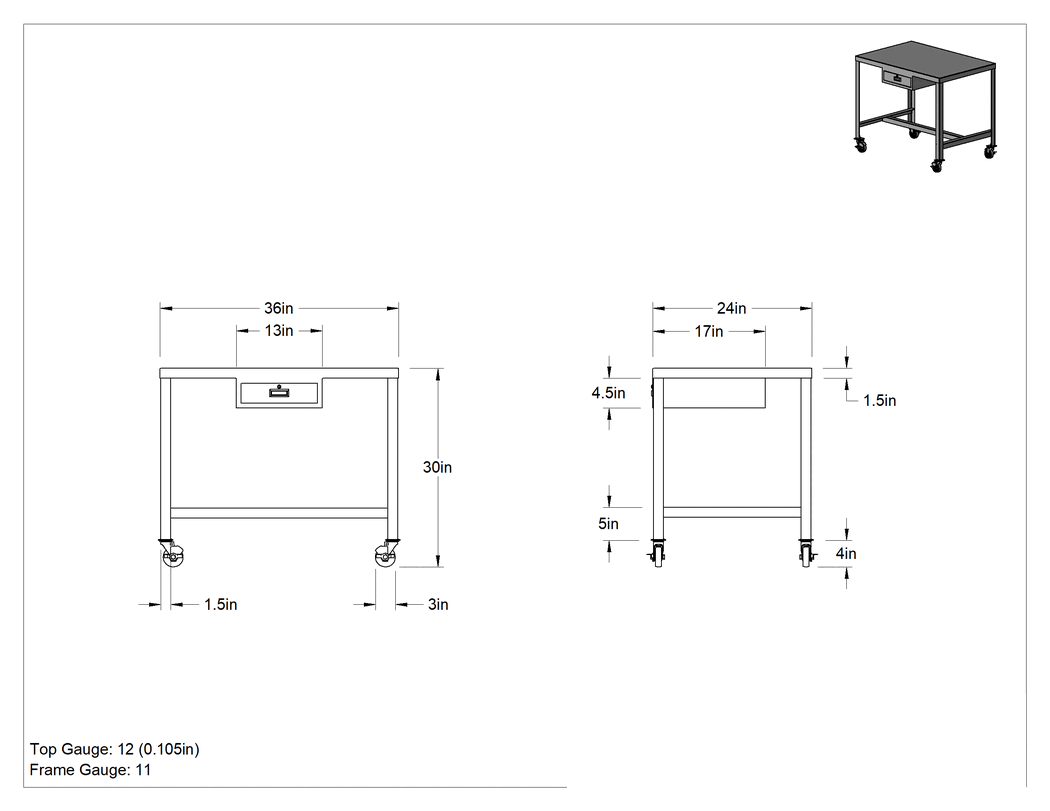 Teknik Çizim - Çelik Masa, Mobil, 1 Çekmeceli, 30 inç Yükseklik x 36 inç Genişlik x 24 inç Derinlik