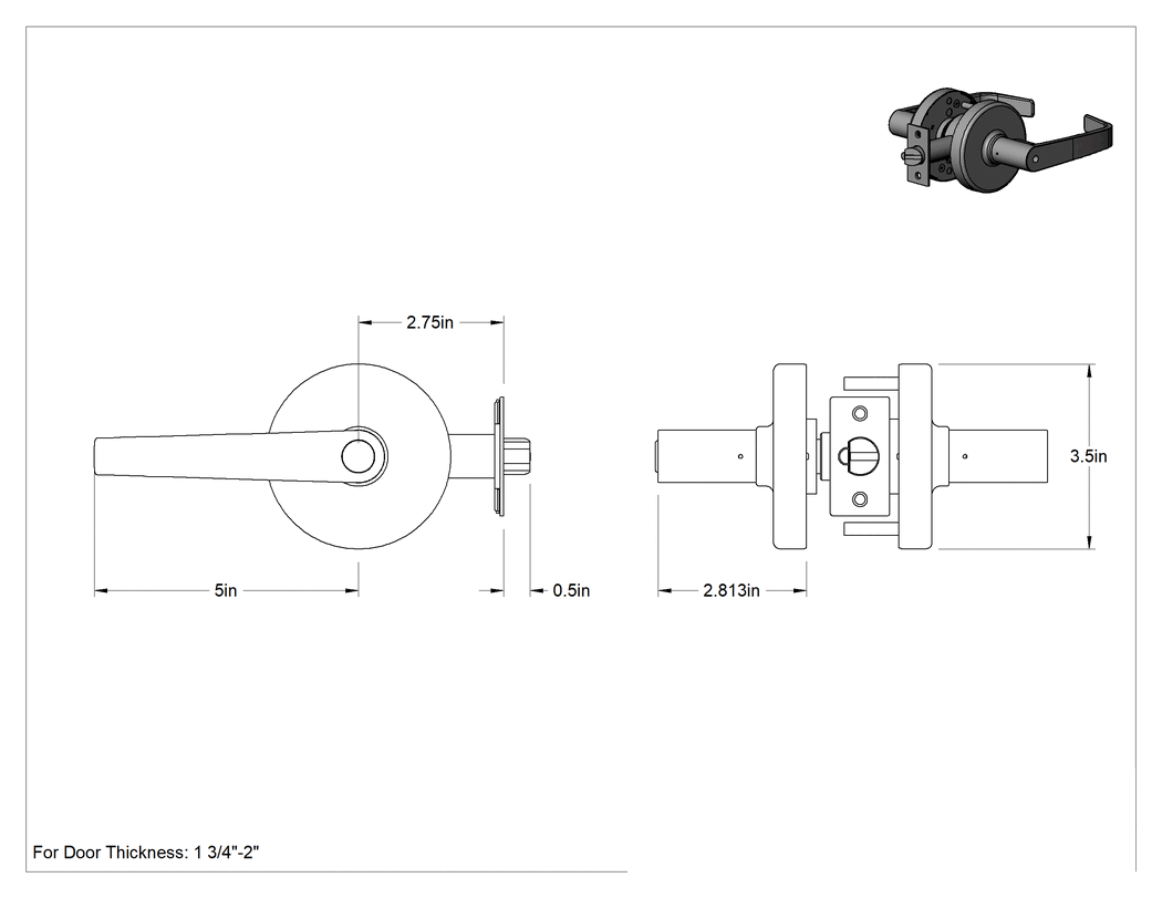 Teknik Çizim - Corbin Russwin CL3300 Yoğun Trafik Kapı Kolu, Düğme Kilitli, 2-3/4" Geri Çekme Mesafesi