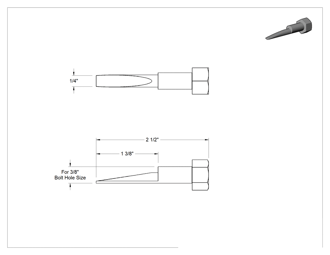 Teknik Çizim - Çarpma Yapmayan Altıköşe Başlı Hizalama Pimi, 3/8" Flanş Cıvata Delikleri için, 2-1/2" Toplam Uzunluk