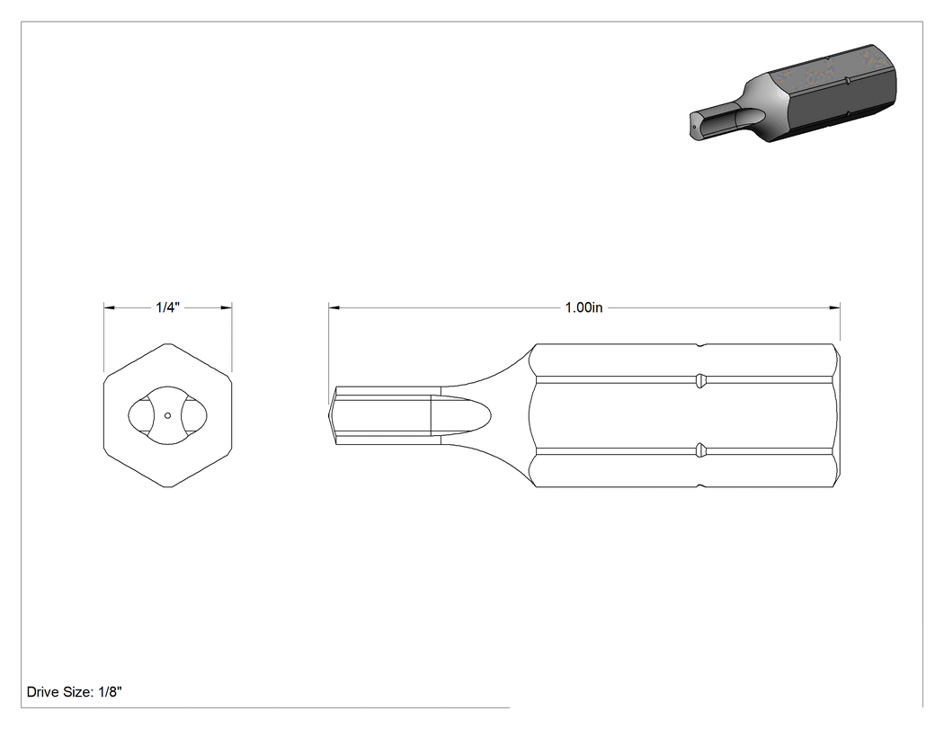 Teknik Çizim - 1/8" Kavrama Ucu, 1/4" Altıgen Şaft