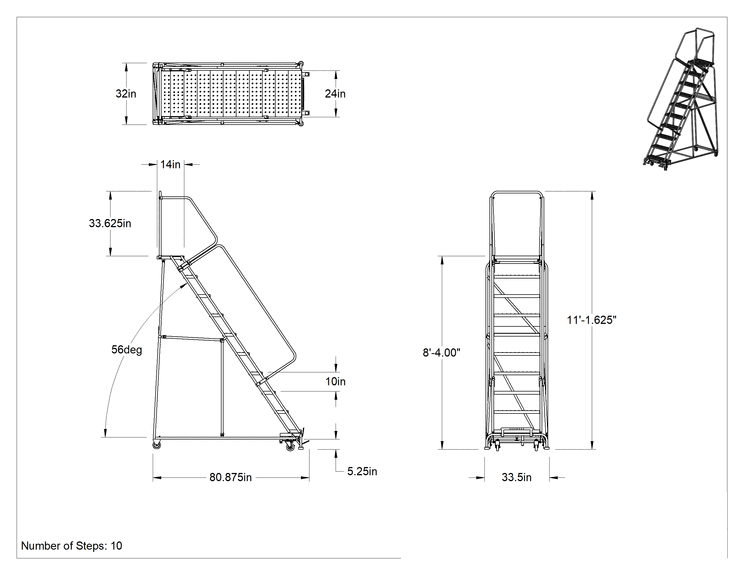 Teknik Çizim - Yuvarlanan Delikli Platform Merdiveni, Montajlanmamış, 10 Adım, 8'4" Yükseklik x 14" Derinlik Platform