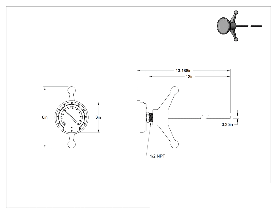 Teknik Çizim - Derin Ulaşımlı NPT Dişli Termometre, Tutma Saplı, 12" Uzunluk x 1/4" Çaplı Gövde
