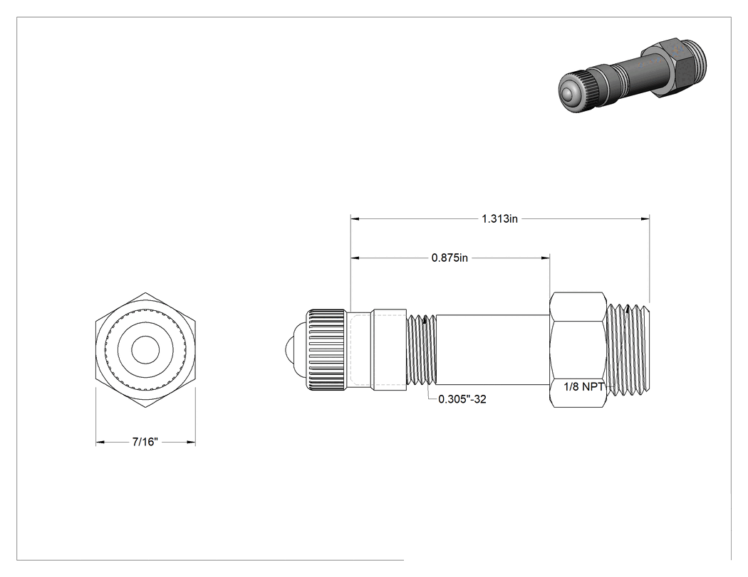 Teknik Çizim - Hava Doldurma Vanası, Pirinç, NPT x 7/8" Uzunluğunda Schrader, 200 PSI