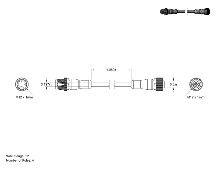 Teknik Çizim - Mikro M12 Kablo, Fiş x Soket, 4 Kutup, 1-1/2 Fit Uzunluk, 0.2 inç Kablo Dış Çapı