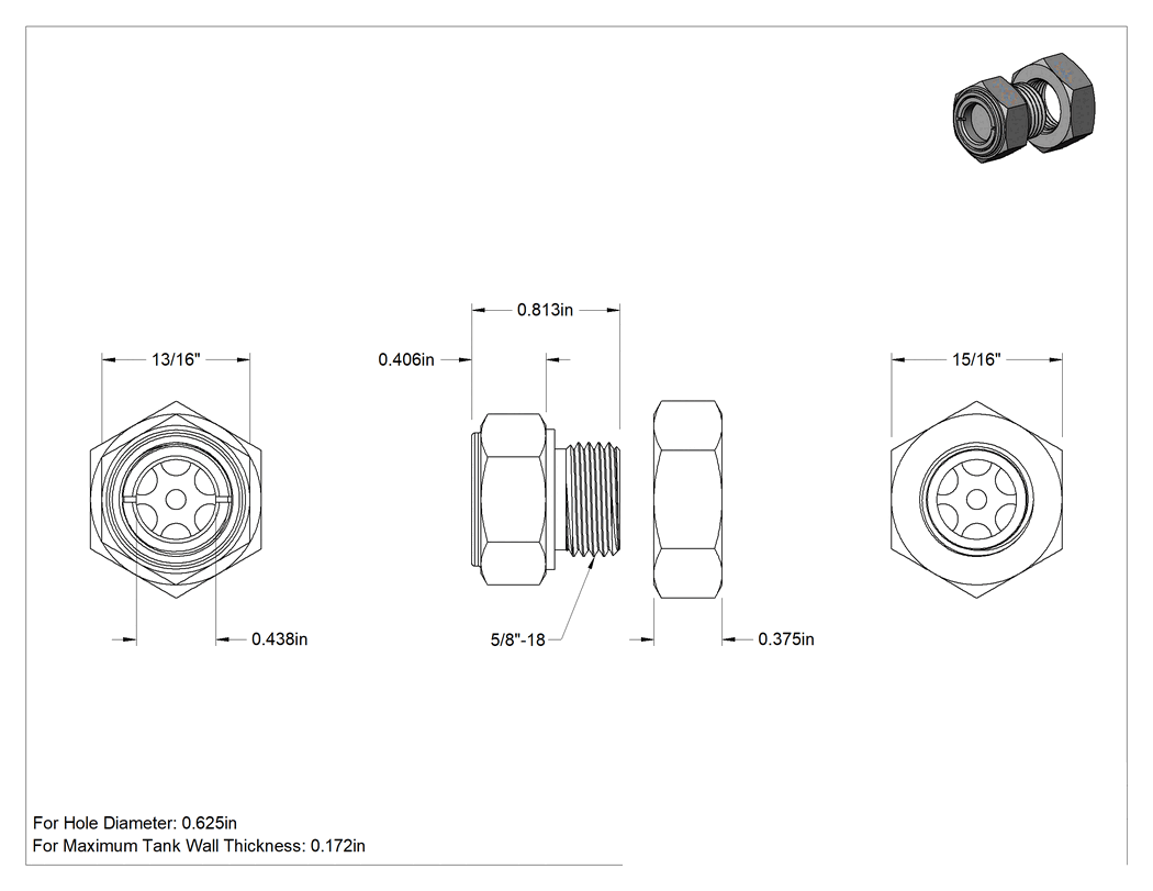 Teknik Çizim - 303 Paslanmaz Çelik Duvar Delikli Gözetleme, Koyu Sıvı için 5/8" Çaplı Delik için