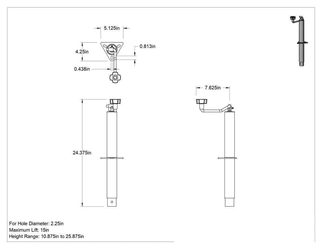 Teknik Çizim - Seviyeleme Krikosu, Üçgen Plakalı Delikli Montaj, 10-7/8" ila 25-7/8" Yükseklik