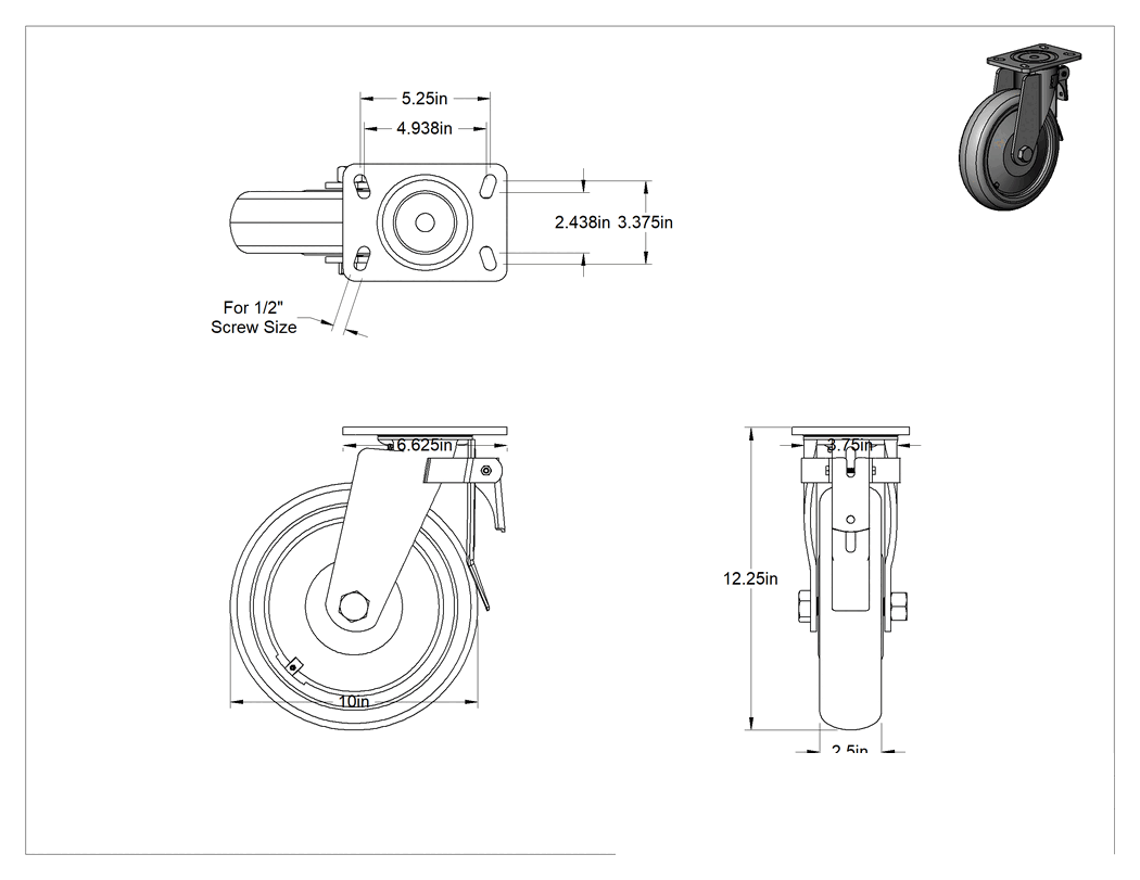 Teknik Çizim - 6-5/8" x 4-3/4" Plakalı Kolay Dönen Tekerlek, Yüksek Kapasiteli, Frenli ve 10 inç Çapında Gri Poliüretan Tekerlekli Döner Tekerlek