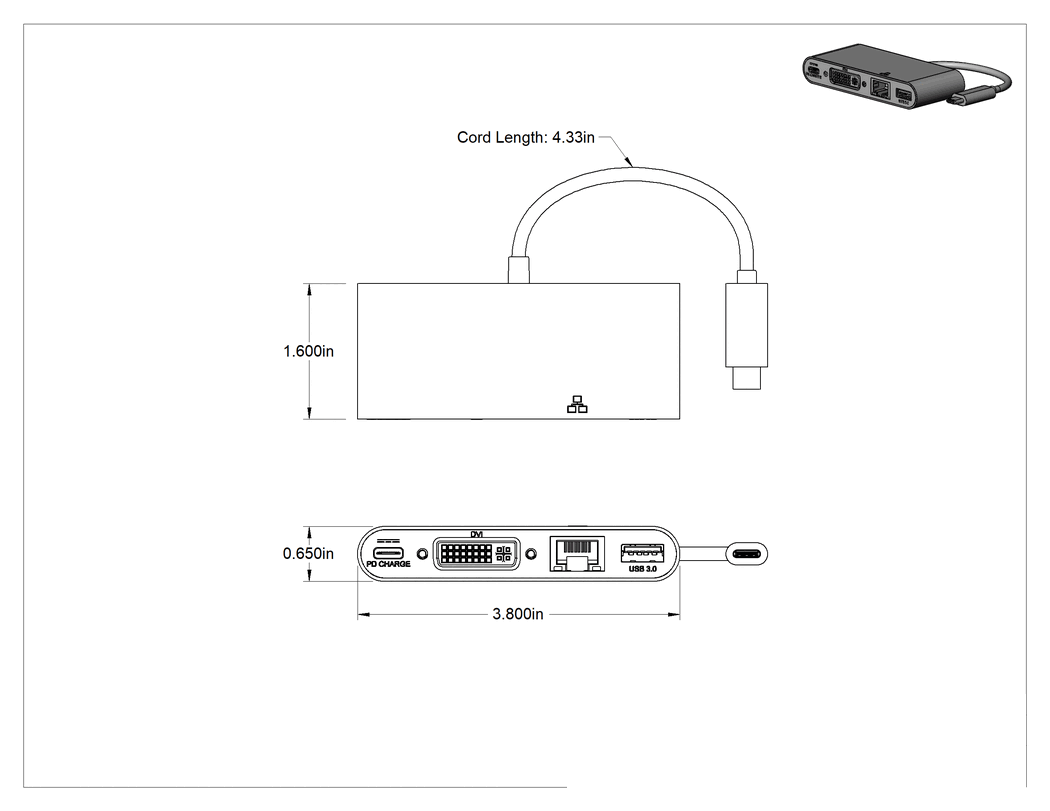 Teknik Çizim - USB Standart 3.2 Gen 1 Hub, Dişi USB A ile Erkek USB C, USB C, DVI ve RJ45 Bağlantıları