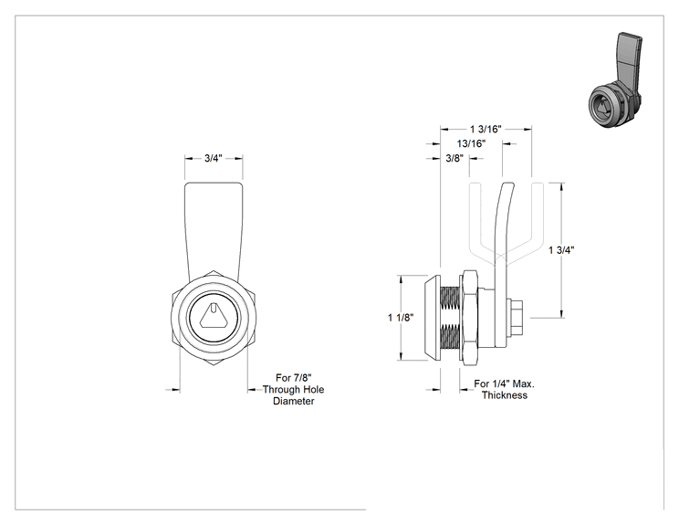 Teknik Çizim - Üçgen Tahrikli Kam Kilidi, Sabit, Siyah Toz Boya Kaplı Çinko, 1/4" Maksimum Kalınlık için
