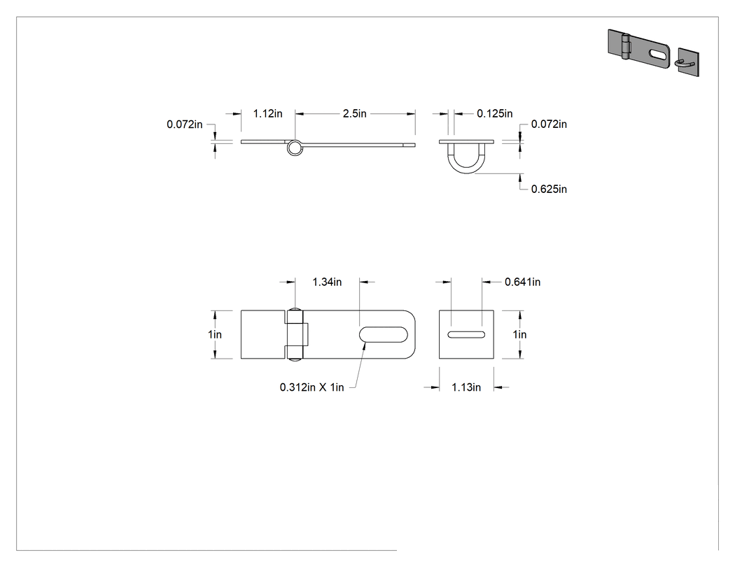 Teknik Çizim - 2.5" x 1" x 1/16" Kollu 304 Paslanmaz Çelik Asma Kilitli Mandal