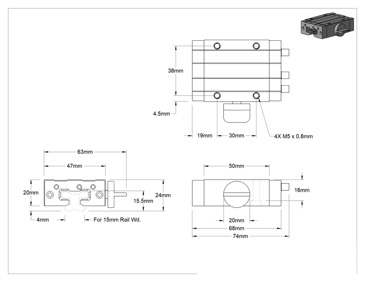 Teknik Çizim - Kilitli Manşon Yataklı Taşıyıcı, 15 mm Genişlikli Ray için