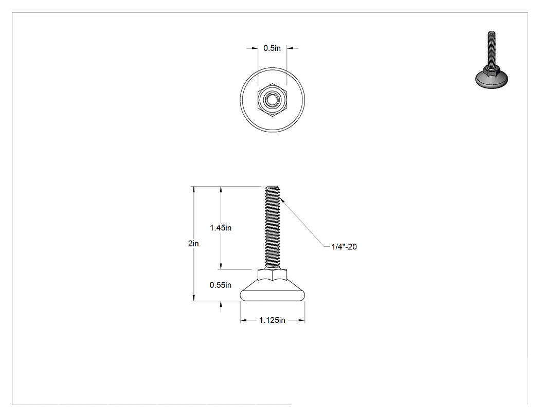 Teknik Çizim - Naylon Tabanlı Sert Seviyeleme Montaj Parçaları, 1/4"-20 Dişli Çinko Kaplı Çelik Saplamalı